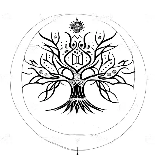 Dotwork Design Of A Tree Of Life Intertwined With Lord Shiva's Iconic Symbols