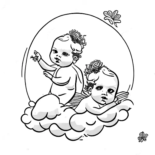 2 Female Cherub Babies Resting On A Cloud