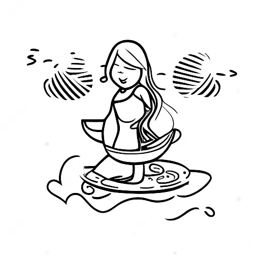 Girl Surfing Holding Mug Of Coffee