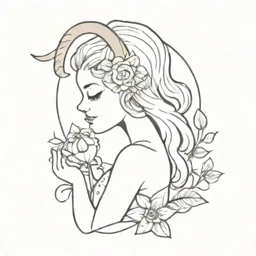 Cute Fairy With Ram Horns Holding Flower