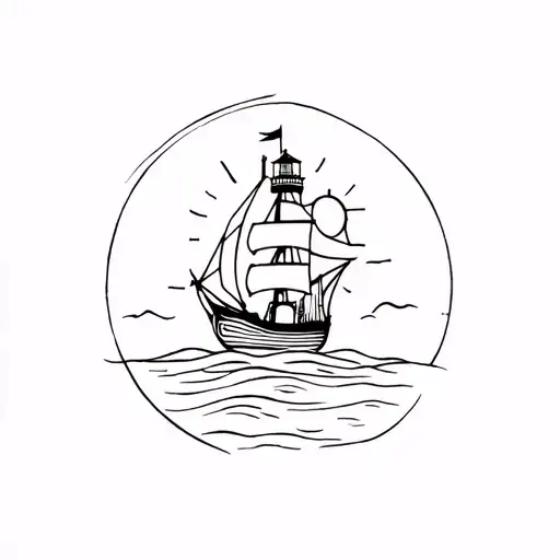 Ship And Lighthouse With The Sun