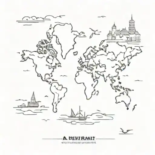 A Minimalist Outline Of A World Map With Different Anime Landmarks As Travel Destinations