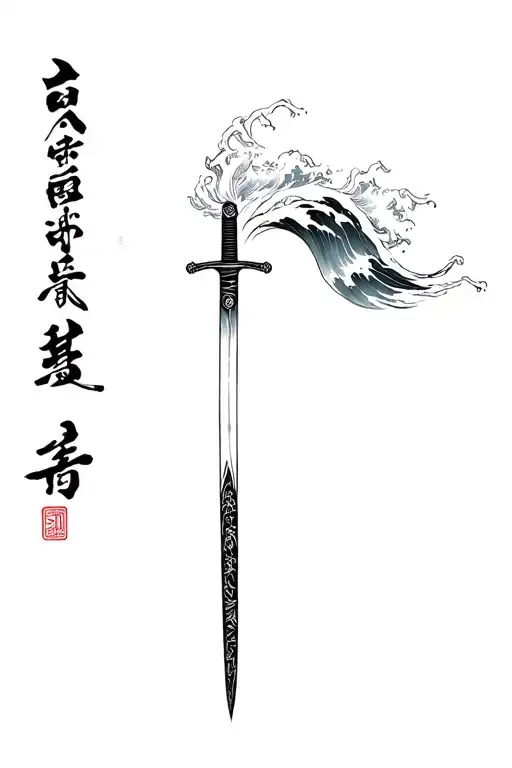 Katana With Waves Around It And Kokoro No Kami Kanji Beside It