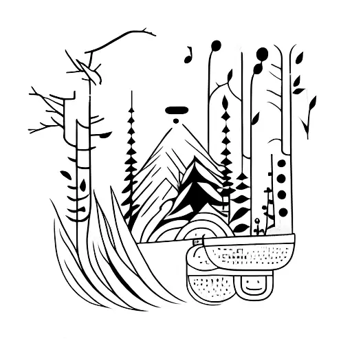 A Black And Grey Tattoo Of A Forest With Hidden Musical Elements Like Guitars And Notes