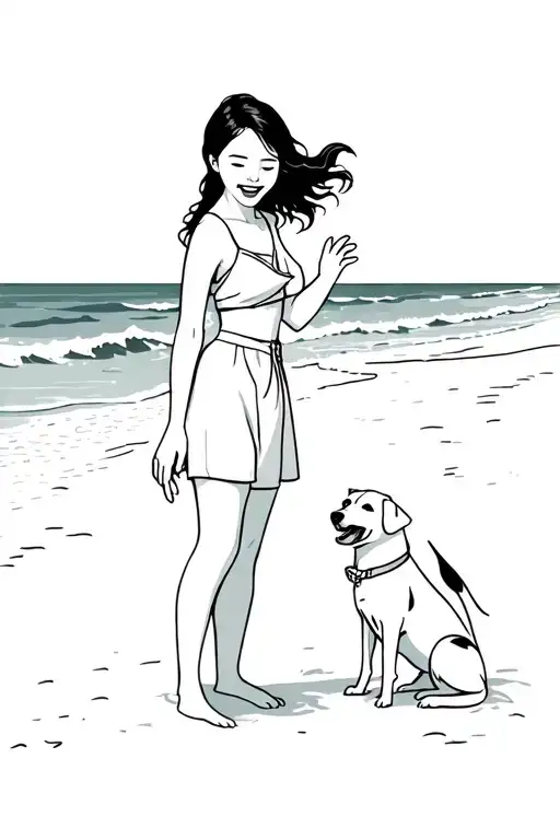 Cute Asian Woman Holding Dog Playing And Laughing At The Beach