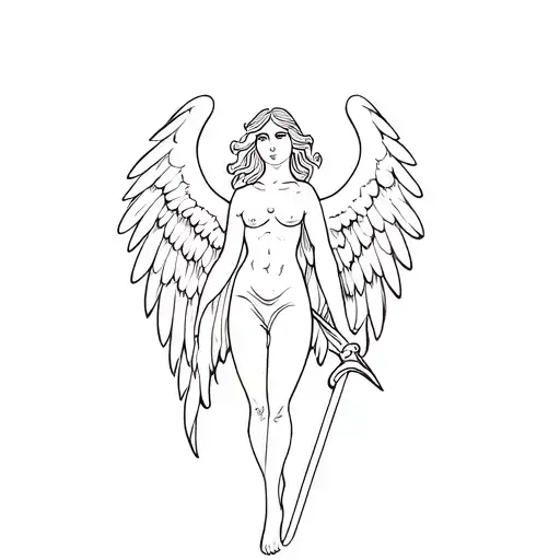 Angel With Wings Spread Holding A Sword Piercing