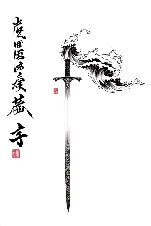 Katana With Waves Around It And Kokoro No Kami Kanji Beside It