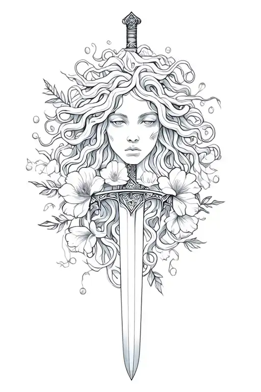 Medusa And Sword And Flowers