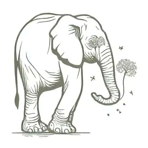 Elephant With Its Trunk Raised Holding A Dandelion With The Seeds Floating Away