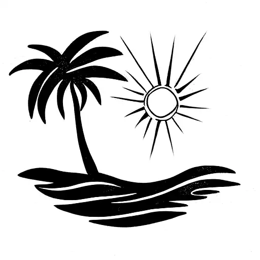 Simple Line Tattoo With Palm Tree And Sun And Waves