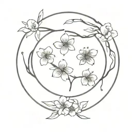 Sakura Flowers Depicted In A Circle With Leaves