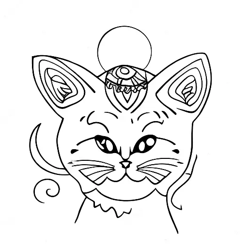 Cat Outline Tattoo Staring At Cresent Moon