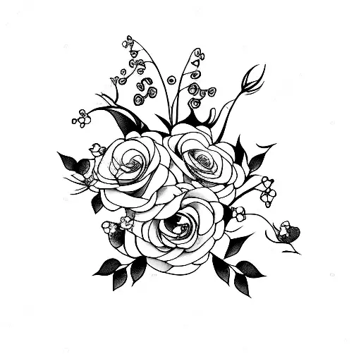 Line Tattoo Rose And Lily Of The Valley And Forget Me Nots