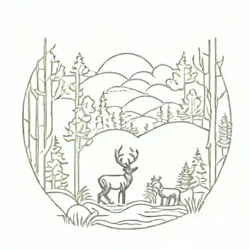 A Minimalist Sketch Of A Peaceful Forest Scene With Wildlife Hidden Among The Trees