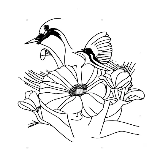 Two Magpies And California Poppies