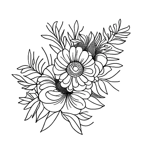 November May And July Birth Flower Bouquet Line Drawing