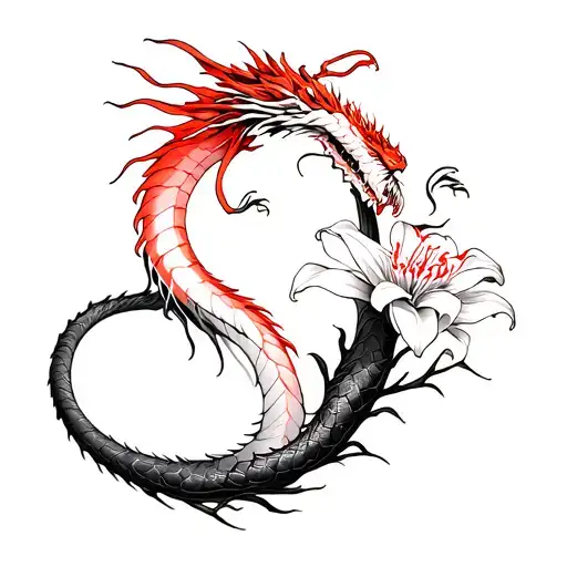 Dragons And Spider Lilies Line Tattoo Red And Black