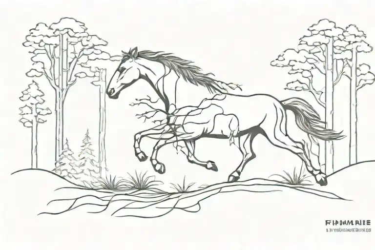Horse Running Through Forest Of Pine Tree With Roots