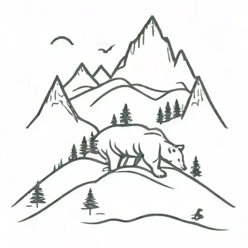 Mountains And Trees With Bear And Cardinal Perched