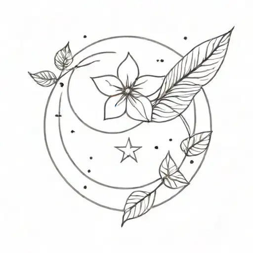 Flower And Leaves And Cresent Moon Sparkles And Small Star