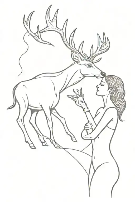 Deer And Woman Posing Together Representing