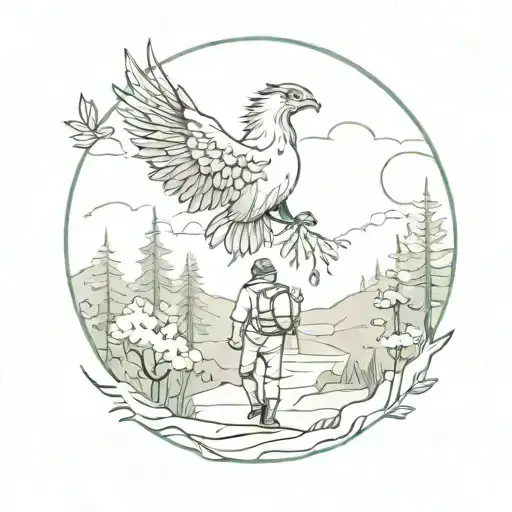 A Solo Traveler Exploring A Mystical Forest With A Phoenix As Their Guide Tattoo