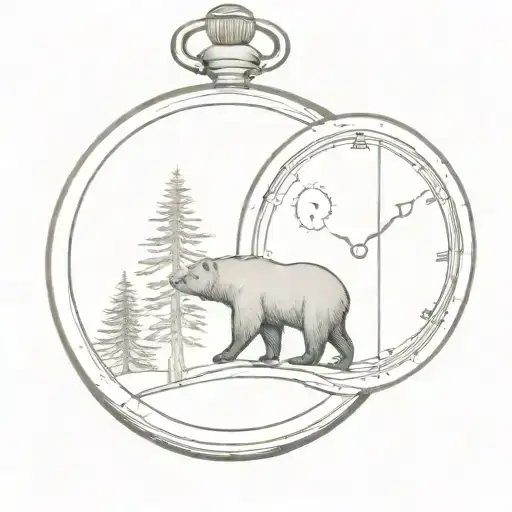 Bear Pocket Watch Hourglass Shine Tree Horizon Staircase Silhouette