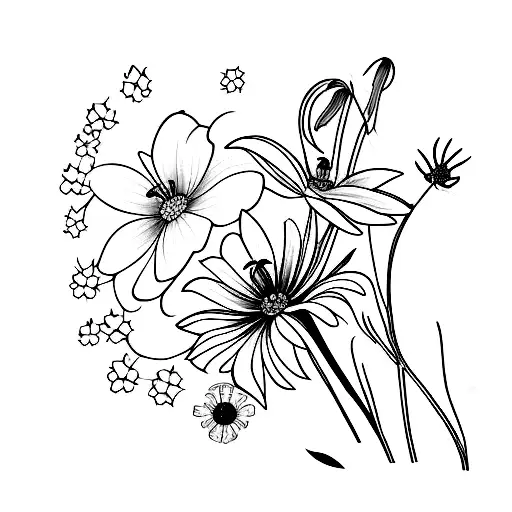 Lily Of The Valley And Cosmos Flowers With Bees And A Sun Tattoo