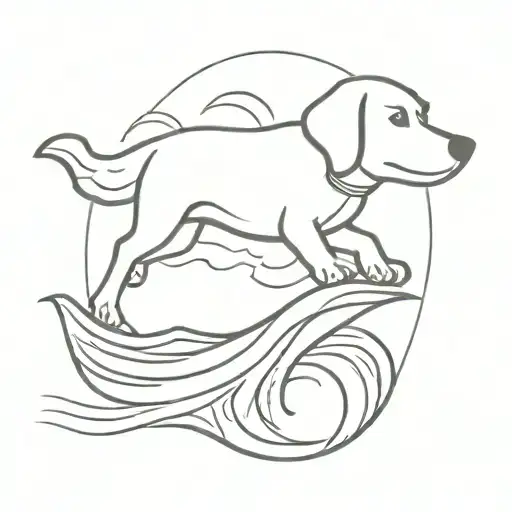A Minimalist Tattoo Of A Dog Riding A Wave At The Beach