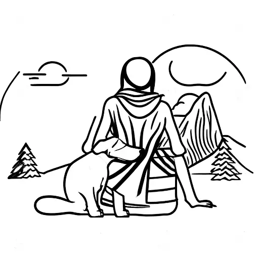 Silhouette From Behind Of A Women Sitting With Her Dog Looking At The Mountains
