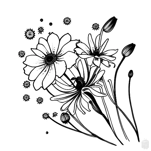 Lily Of The Valley And Cosmos Flowers With Bees And A Sun