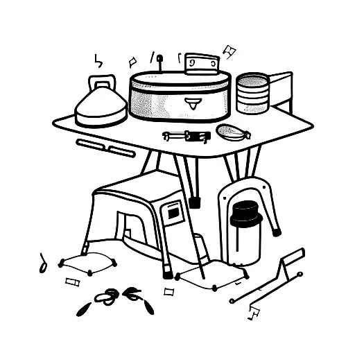 A Minimalist Tattoo Of A Workbench With Camping Gear And Music Instruments Scattered Around