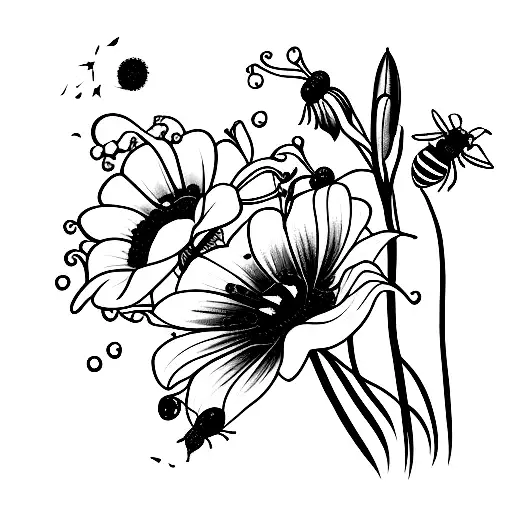 Lily Of The Valley And Cosmos Flowers With Bees And A Sun