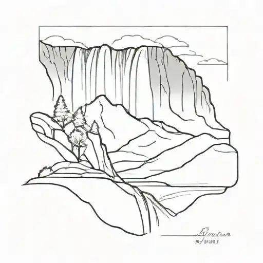Waterfall Line Drawing With Mountain Range Silhouette