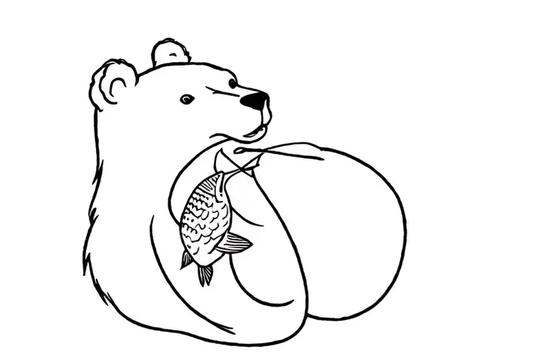 A Bear Holding Fish In Her Mouth Gazing
