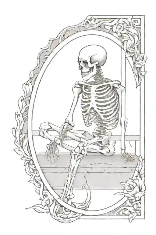 A Skeleton Sitting On The Dock Of A Bay Inside A Picture Frame