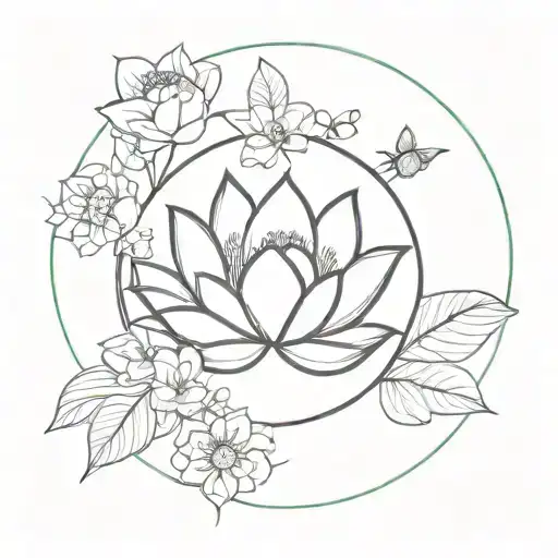 Circle With Branch Inside With Flowers Blooming Lotus Flower