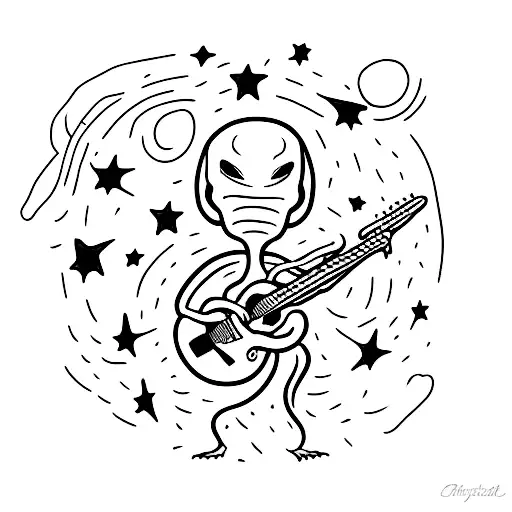 A Minimalist Tattoo Of An Alien Holding A Joint While Playing A Guitar Under A Starry Night Sky