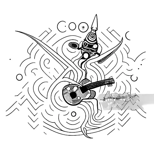 A Minimalist Tattoo Of An Alien Playing A Guitar Surrounded By Psychedelic Patterns
