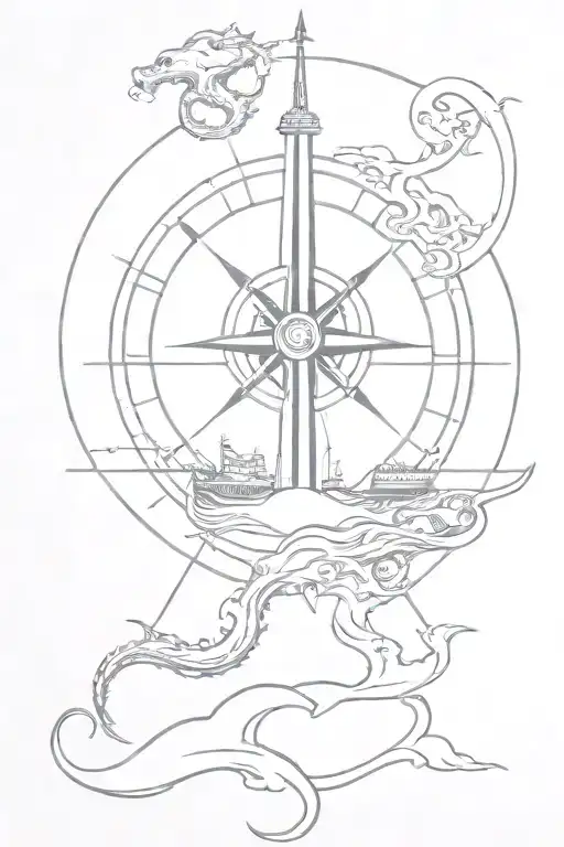 Compass Warship With Kraken Emerging