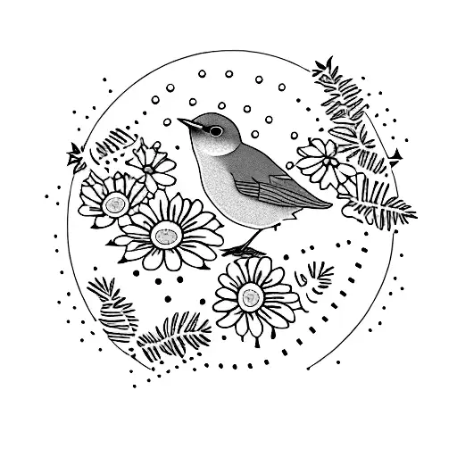 A Dotwork Design Of A New Zealand North Island Robin Surrounded By Heather Flowers And Sunflowers