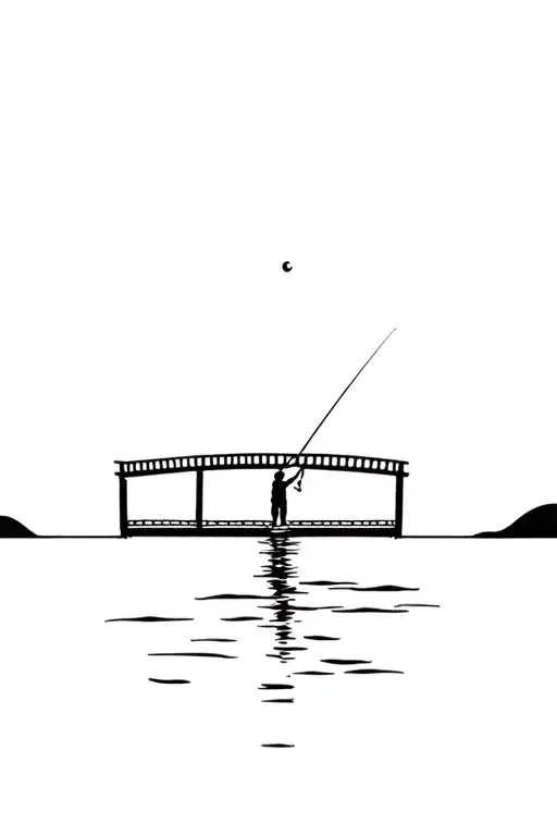 A Small Figure Fishing Standing On The Bridge In The Sea In Front Of A Sunrise