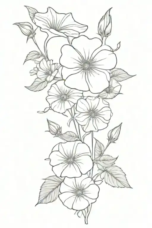 Morning Glory And Aster Flowers Bouquet Fine Line