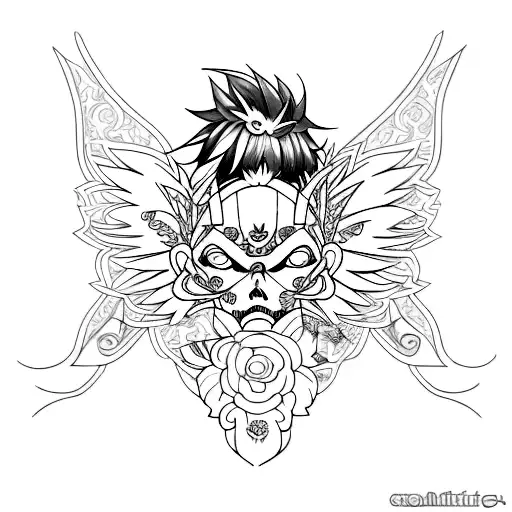 A Tattoo Design Featuring A Stylized Anime Character Surrounded By Intricate Floral Patterns