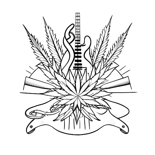 A Minimalist Tattoo Of A Guitar Made Out Of Weed Leaves With Alien Heads As The Tuning Pegs