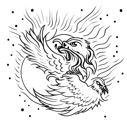 Dark Dog Howling Moon With A Phoenix Flying Towards The Sun