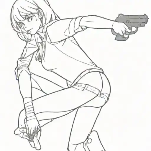 Anime Girl On Her Knees With A Shirt And Underwear Holding A Gun And Shooting