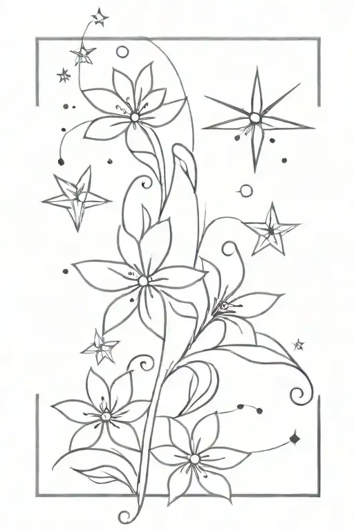 Minimal Ornamental Floral With Stars And Straight Lines And Dots