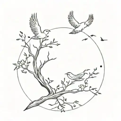 Four Birds Flying Under An Acacia Tree