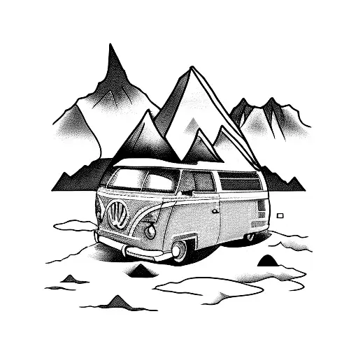 Campervan With Mountain Range Outline